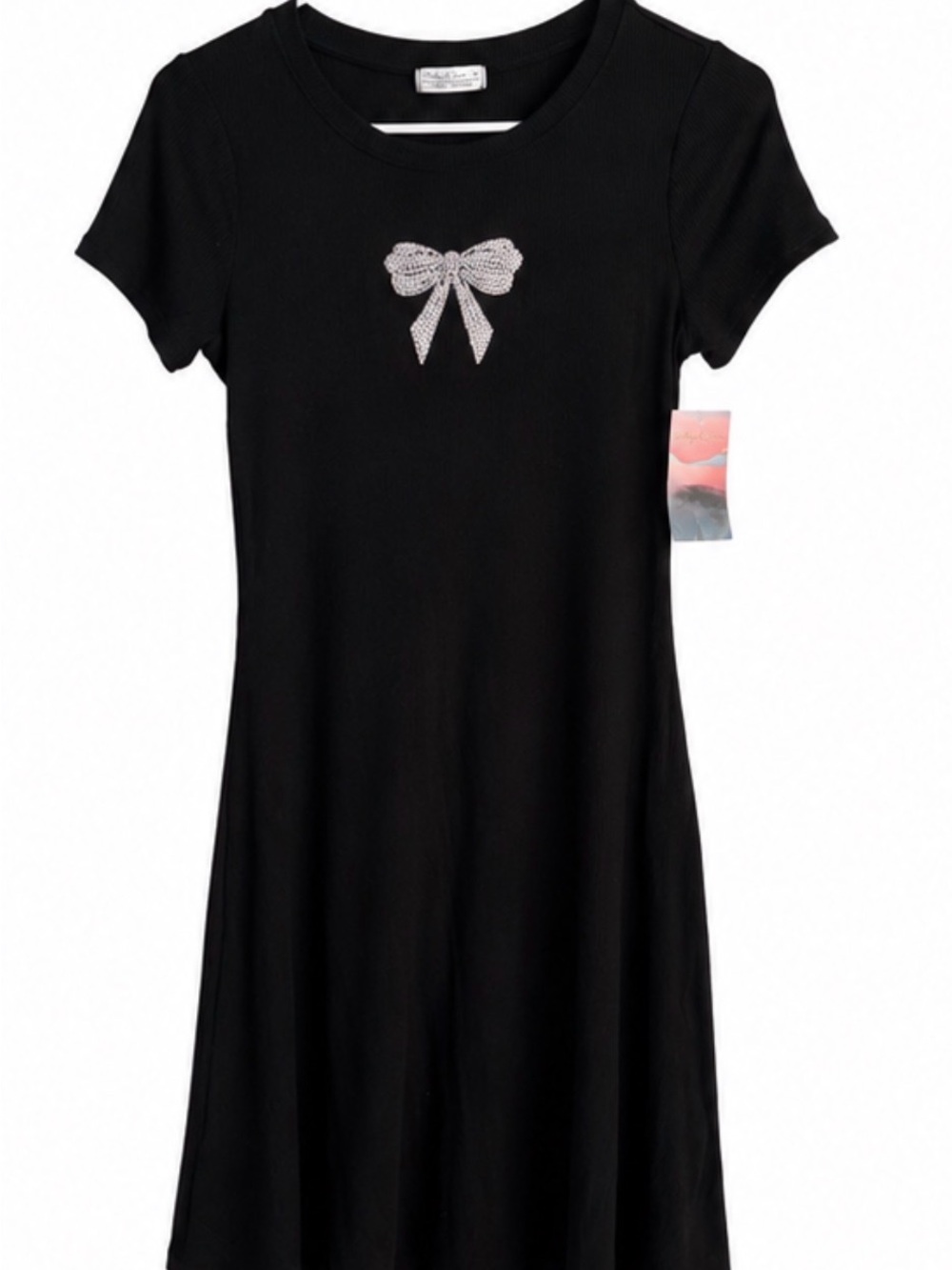 Black Short-Sleeve Dress with Sparkle Bow